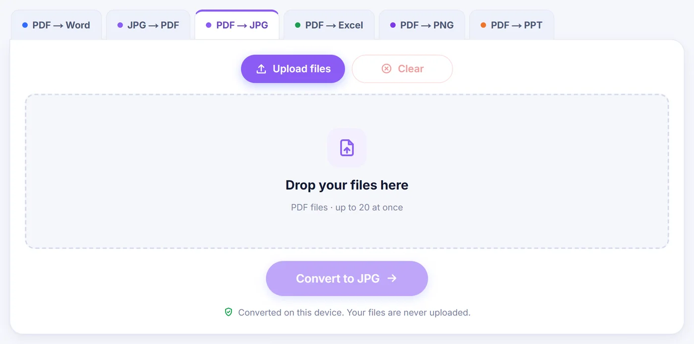 Empty PDF to JPG converter tab with Upload files and Clear buttons, a drop zone for up to 20 PDF files and a greyed-out convert button